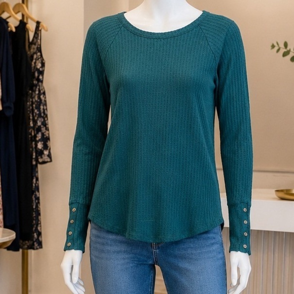 Chaser Womens Waffle Knit Top Teal Button Cuff Long Sleeve Small